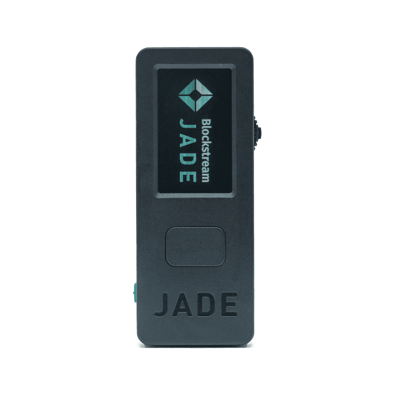 The Blockstream Jade hardware wallet features a colour LCD screen and sleek debossed word mark